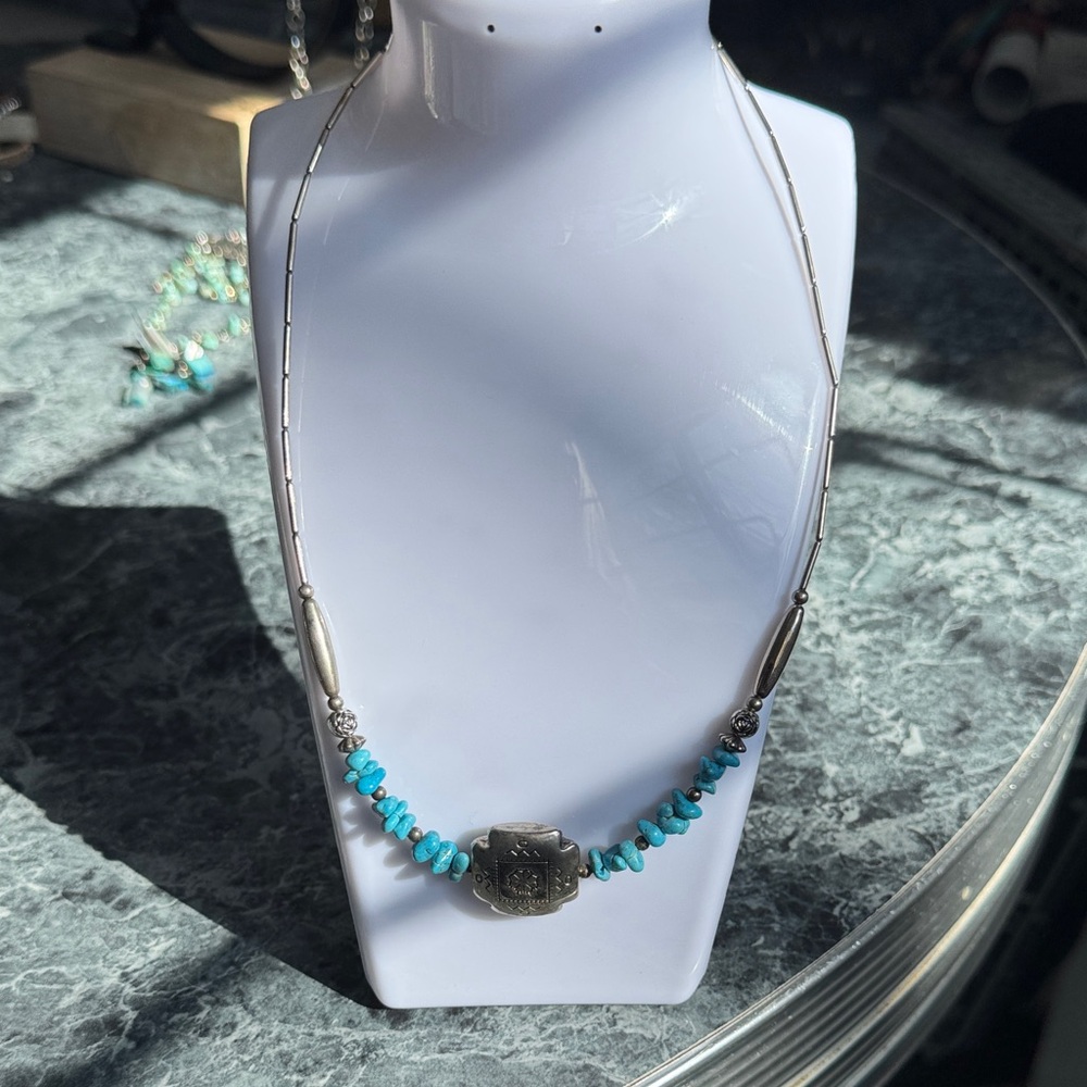 Turquoise Bead & Silver Pendant Necklace - Women Jewelry